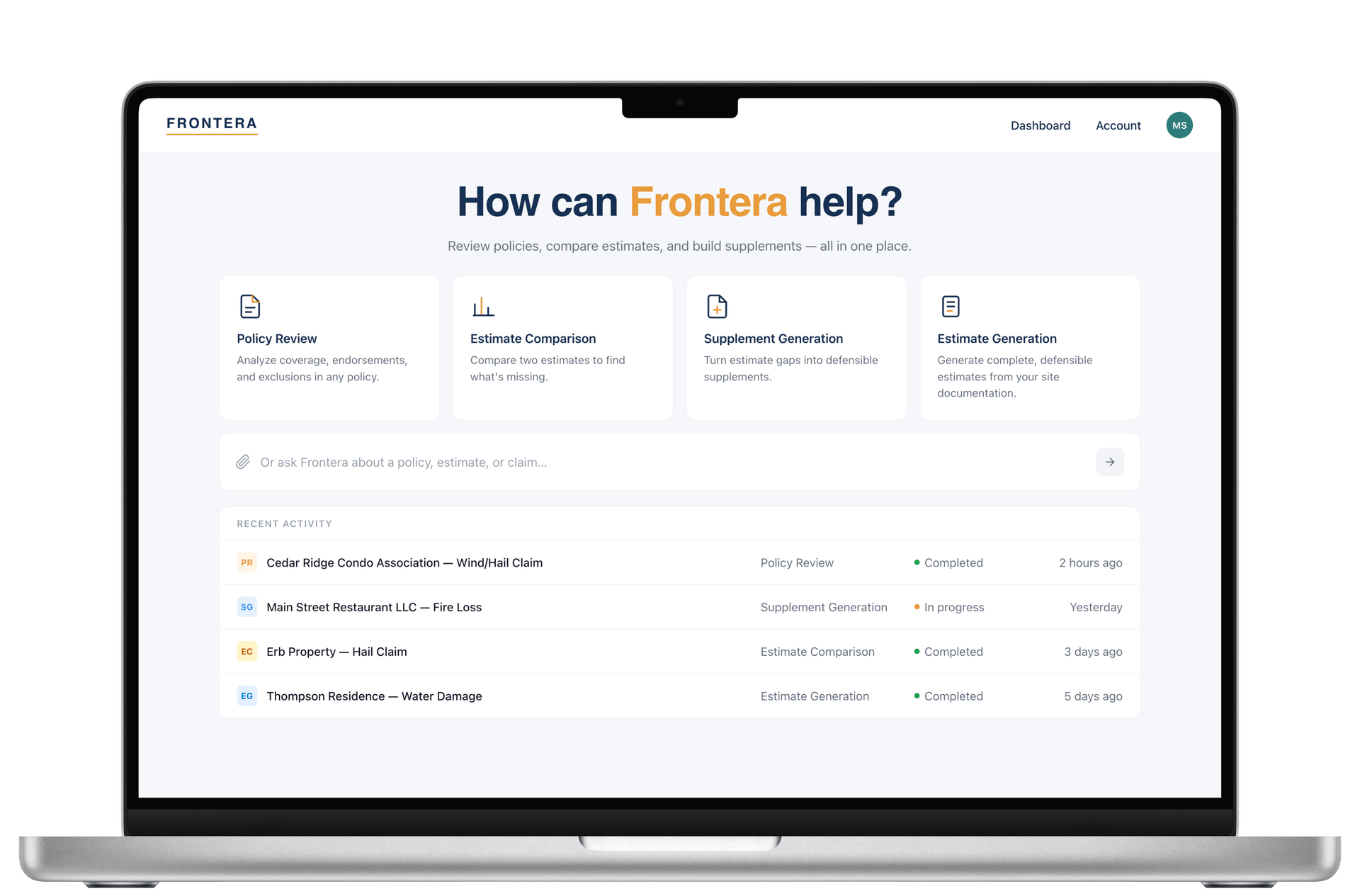 Frontera home screen on laptop showing Policy Review, Estimate Comparison, Supplement Generation, and Estimate Generation modules
