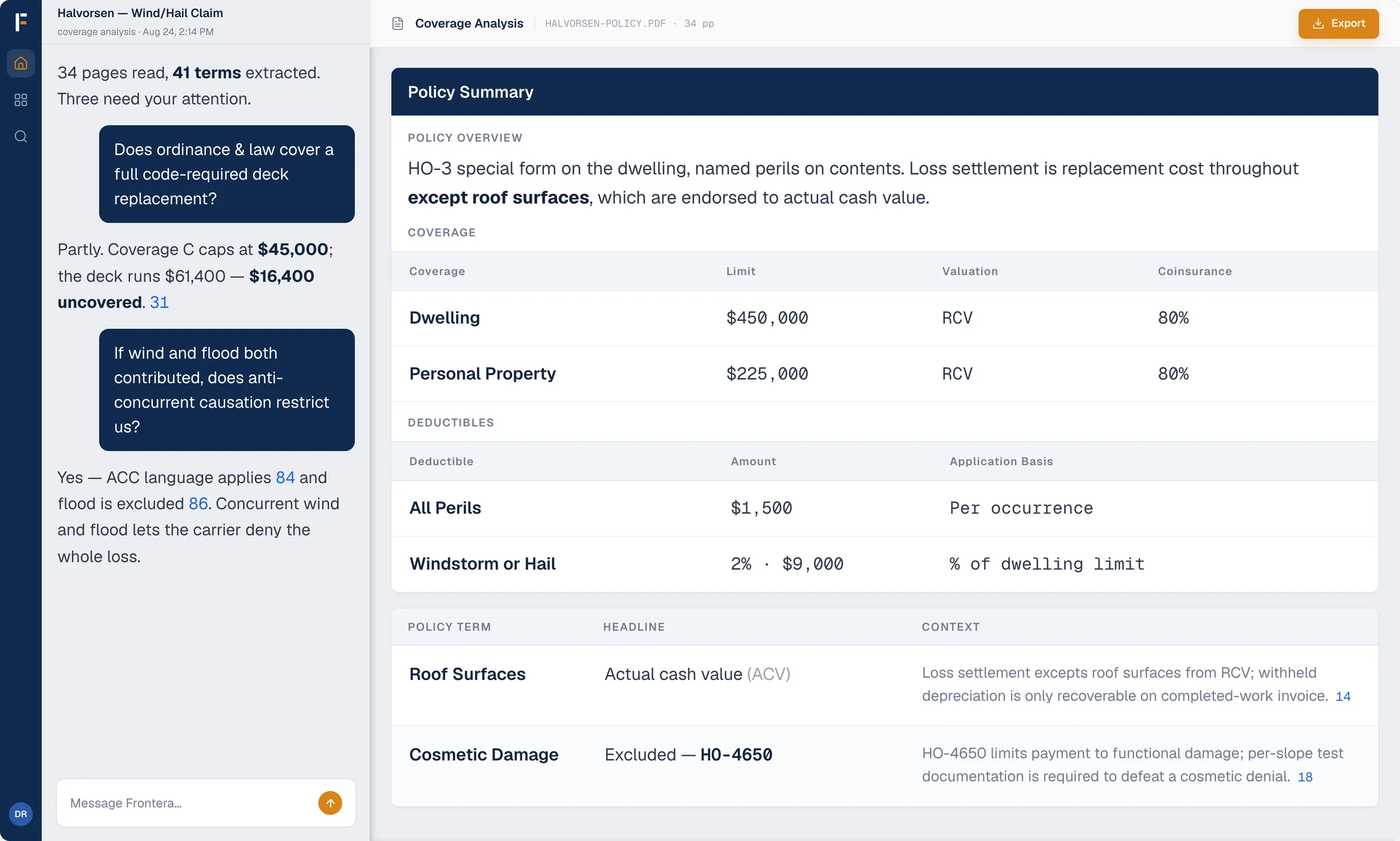 Frontera Coverage Analysis interface
