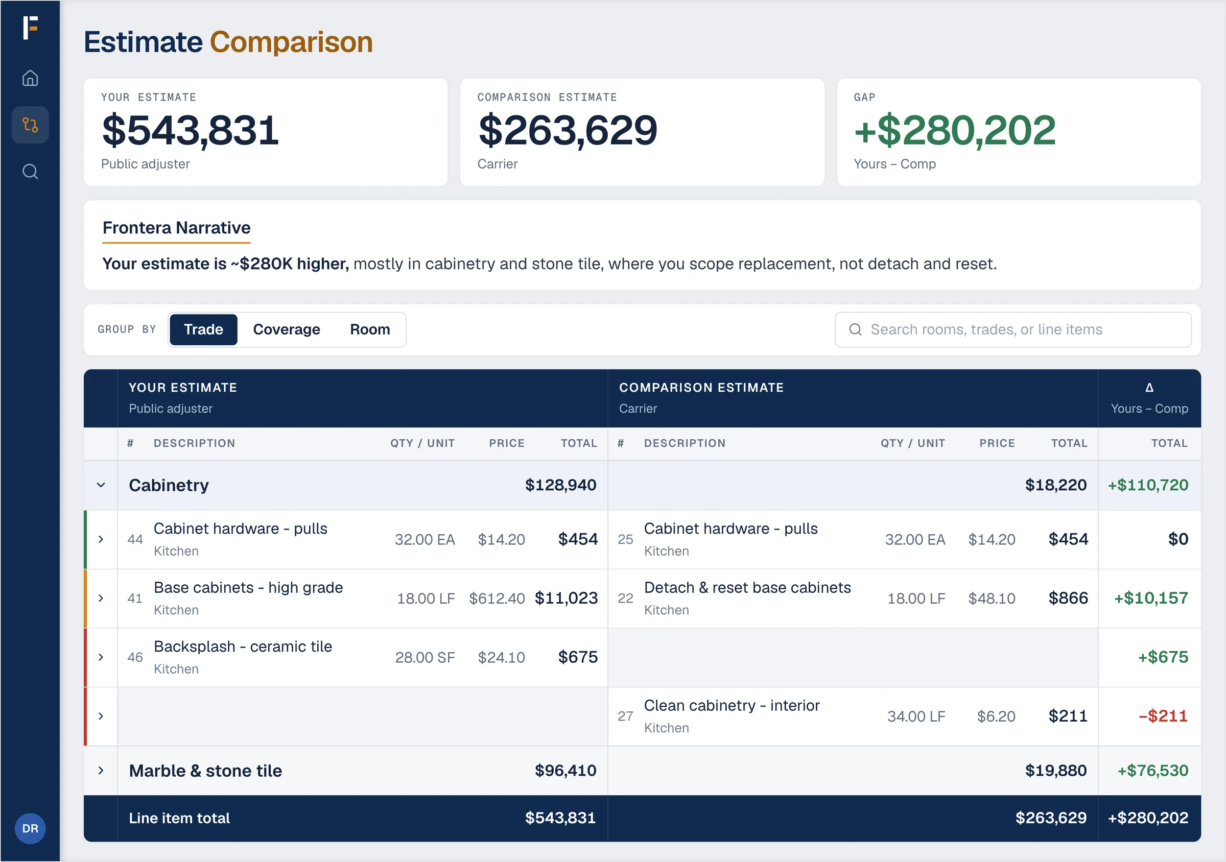 Frontera Estimate Comparison interface